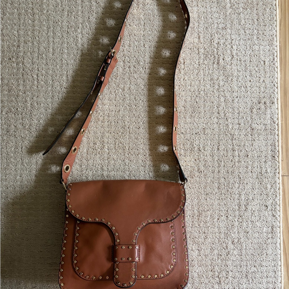 Brown Leather Stud-Trim Crossbody Bag